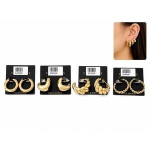 4 pairs -Gold Dipped Hoop brass Earrings Chunky Huggie Twisted Rope Gold shiny